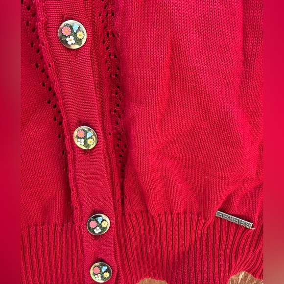 Vintage Geiger Red Knit Sweater with Floral Buttons Women’s Size Medium - Picture 2 of 7